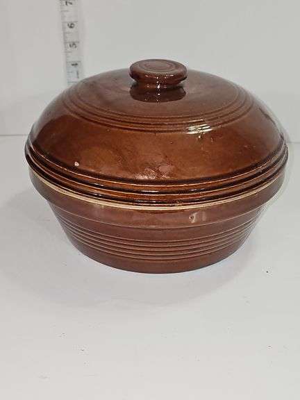 Stoneware casserole dish with a lid.