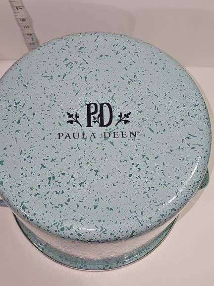 Paula Deen 12-quart enamel-on-steel covered stockpot.