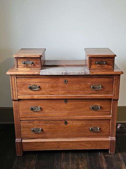 Late 19th Century Antique Victorian Carved Walnut Step Back Dresser Chest Marble Glove Box Drawers