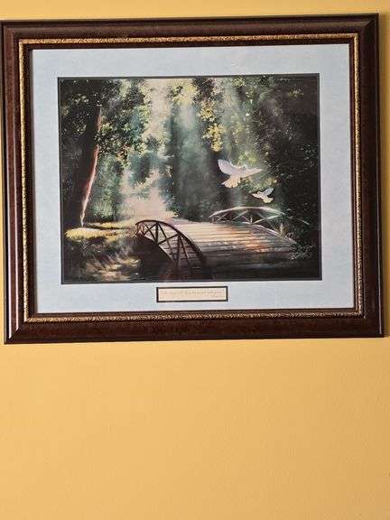 Framed Print, 3pc mirror, shelf, doves, & wall sconce.