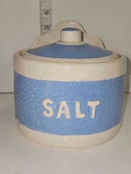 Baby Blue & White Ceramic Salt container with lid