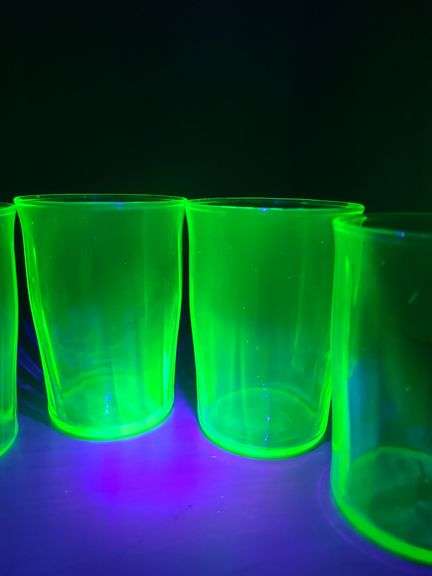 Green depression glass juice glasses. (Uranium Glasses)
