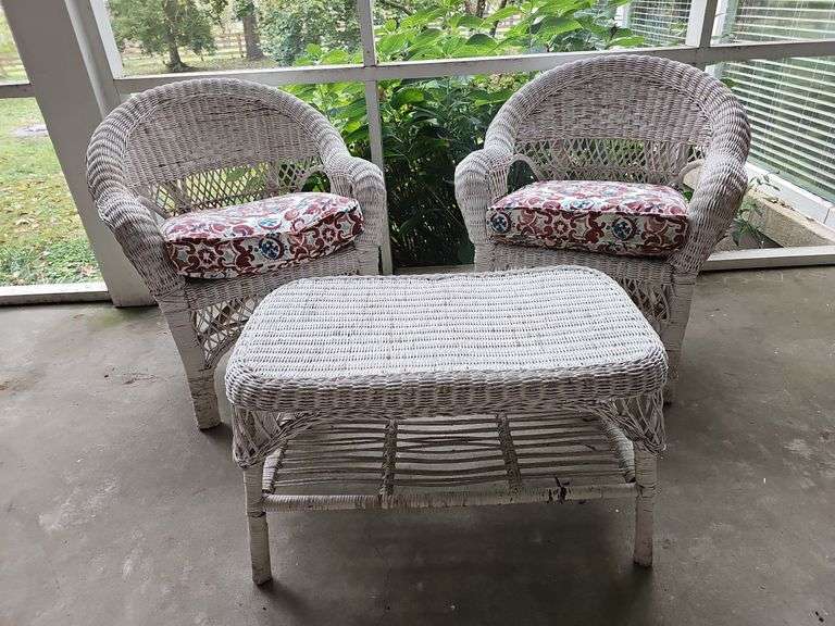 Wicker Chairs with Cushions & Wicker Table