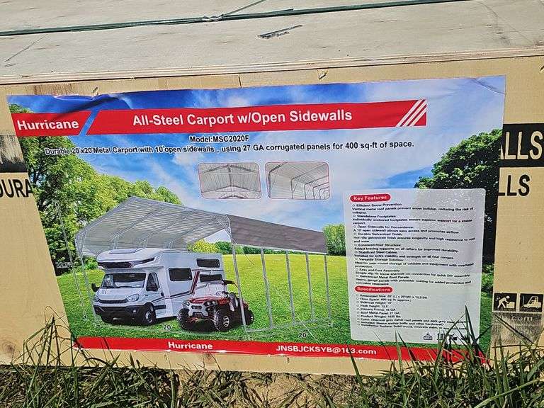 Hurricane All-Steel 20'×20' Carport with 10' Open Sidewalls