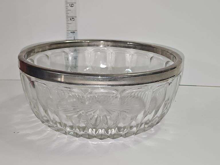 Cut glass bowl with a silver-plated rim & Serving utensils