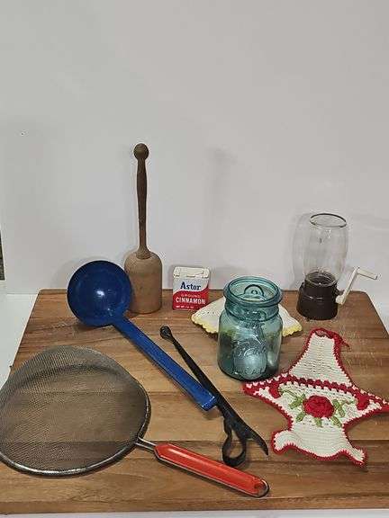 Wooden cutting board and vintage kitchen items