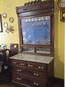Antique Victorian Walnut Marble Top Dresser & Mirror.