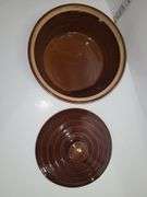 Vintage Monmouth Pottery ovenproof casserole dish with a lid.