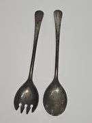 Cut glass bowl with a silver-plated rim & Serving utensils