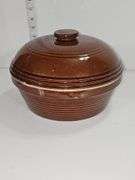 Stoneware casserole dish with a lid.