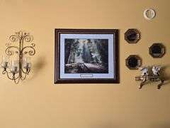 Framed Print, 3pc mirror, shelf, doves, & wall sconce.