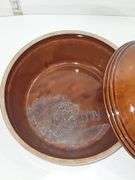 Stoneware casserole dish with a lid.