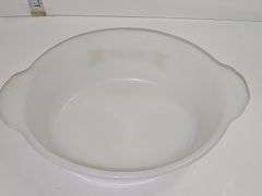 Fire-King casserole dish with the "Golden Wheat" pattern.