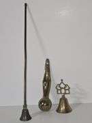 Brass bell, cane topper, & candle snuffer