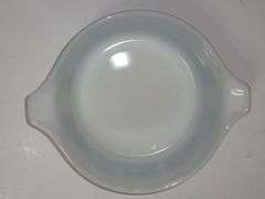 Vintage PYREX Amish "Butterprint" white with turquoise casserole dish with a lid.