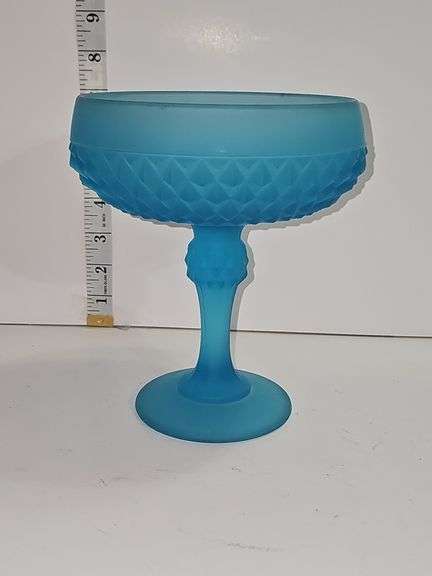 Vintage Indiana Glass Diamond Point compote dish in frosted blue satin glass