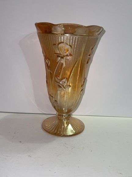 Vintage Jeannette Glass Iris and Herringbone Marigold Carnival Glass vase