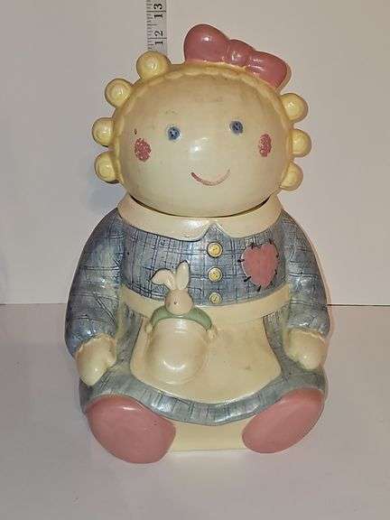 Vintage Rag Doll Blonde Girl Button Eyes Cookie Jar Canister Treasure Craft
