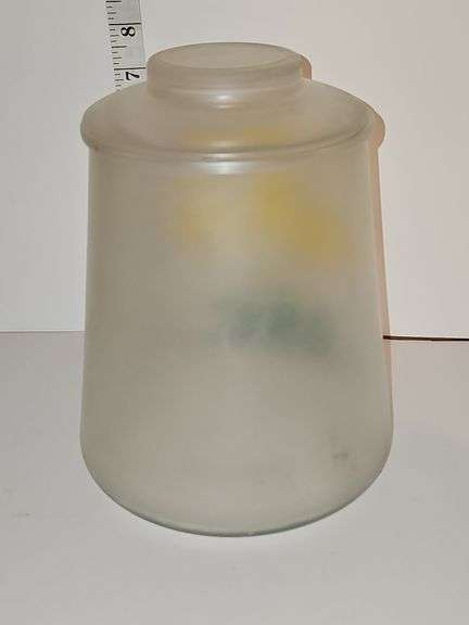 Bartlett Collins frosted glass cookie jar with a yellow tulip "Pokee" design.
