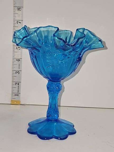 Vintage Fenton Colonial Blue Thumbprint Ruffled Compote.