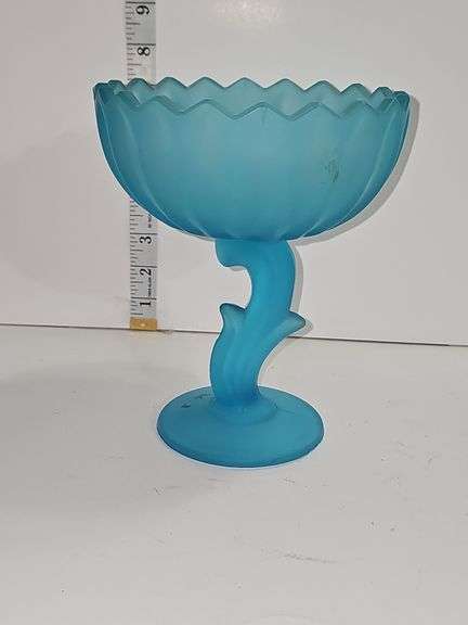 Vintage Indiana Glass frosted blue lotus blossom pedestal compote