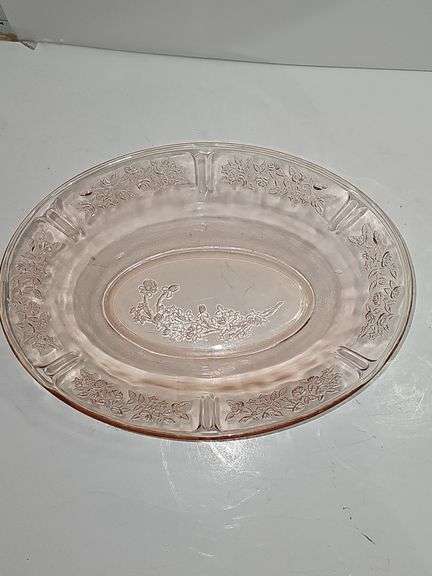 "Cabbage Rose" pink depression glass serving bowl.