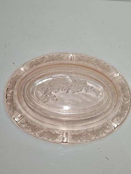 "Cabbage Rose" pink depression glass serving bowl.