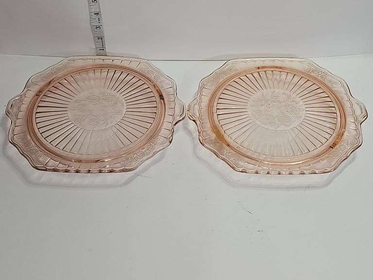 2 Vintage Anchor Hocking Mayfair "Open Rose" pink depression glass cake plates