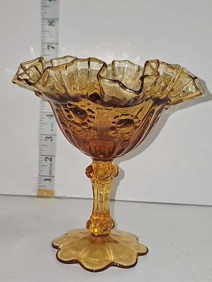 Vintage Fenton Colonial Amber Cabbage Rose Ruffled Pedestal Compote
