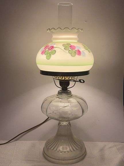 Oil lamp converted to electric with shade & chimney