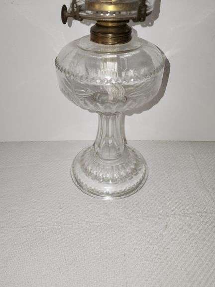 Clear glass "Dogtooth" pattern" oil lamp with tall clear chimney