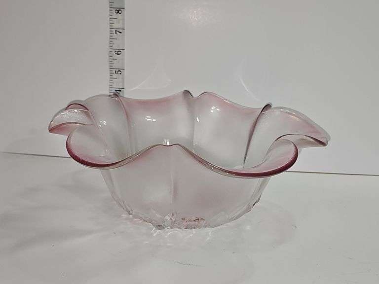 Vintage Mikasa Rosella frosted pink glass hostess bowl.