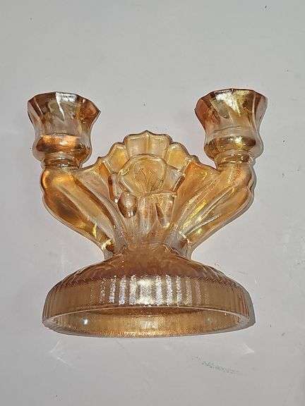 Jeanette Carnival Glass ~Iris~Orange Luster~Two Double Candle Holders