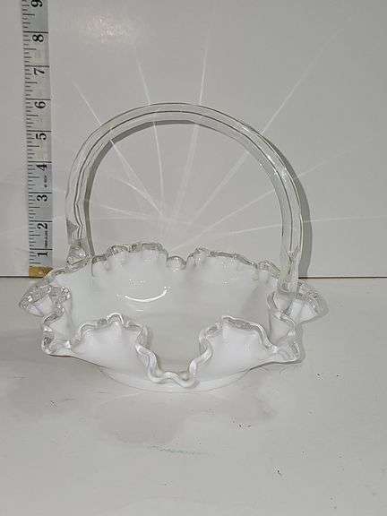 Vintage Fenton Silver Crest ruffled milk glass basket with a clear handle