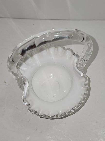 White Fenton Silver Crest Basket with Clear Ruffled Edge