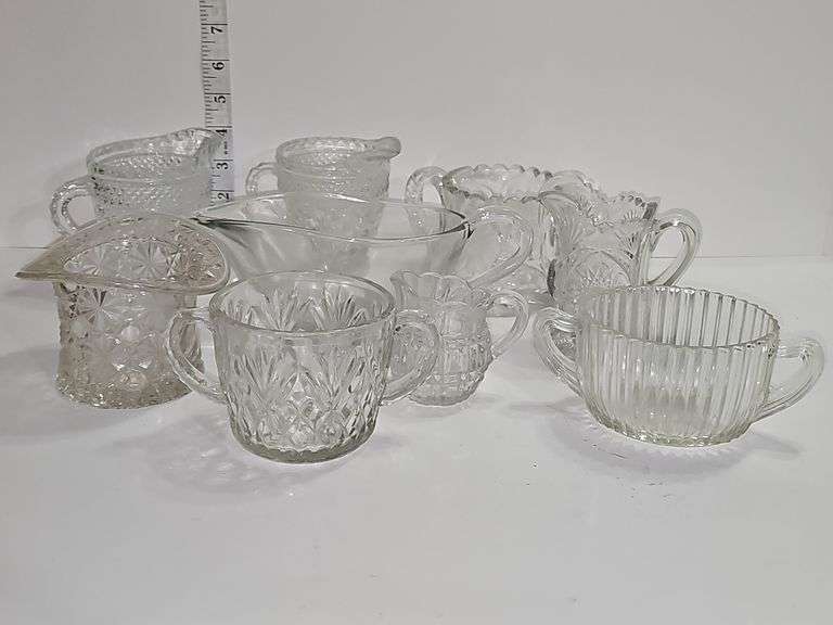 Clear glass creamer & other various glass pieces
