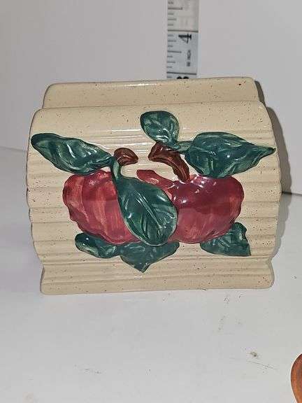 Vintage Franciscan "Apple" pattern butter dish & unnamed salt and pepper shakers, and napkin holder.