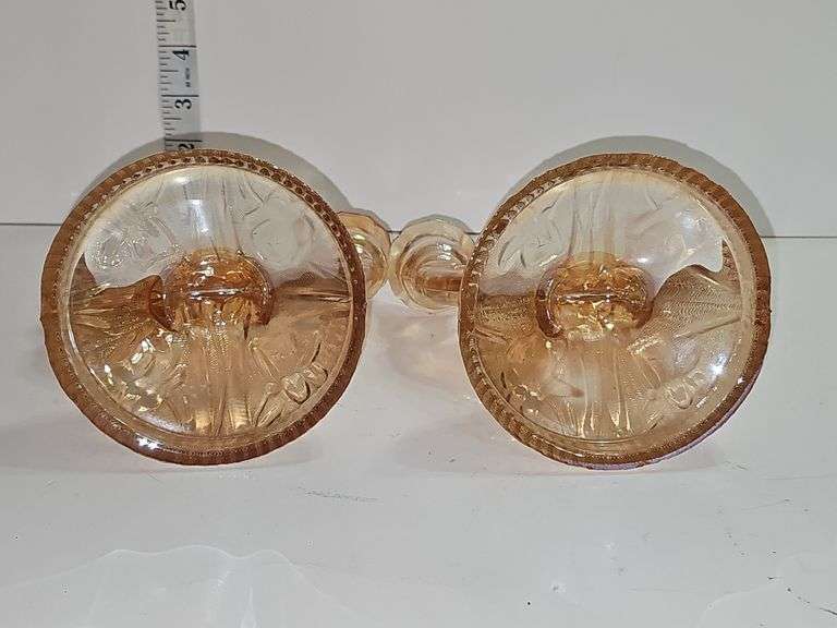 Jeanette Carnival Glass ~Iris~Orange Luster~Two Double Candle Holders