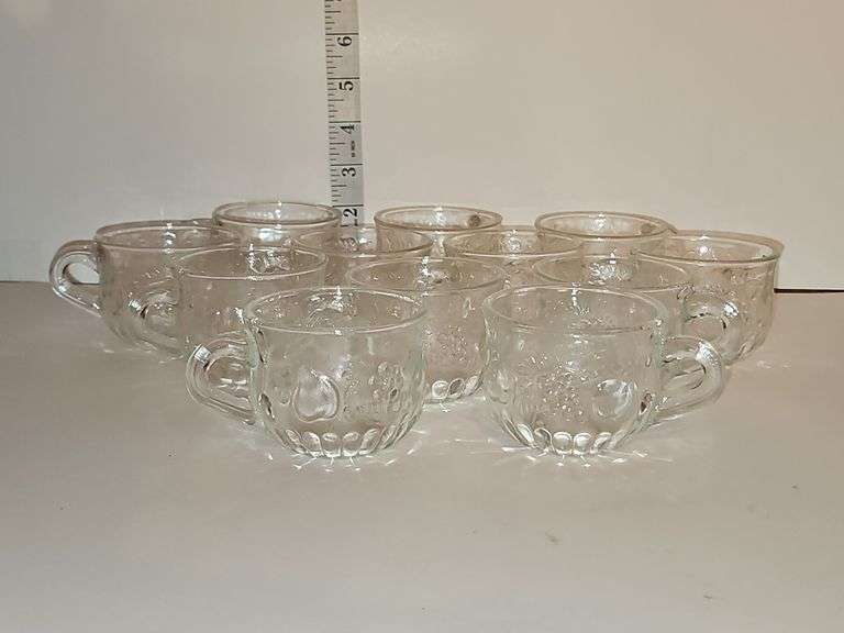 Vintage Pressed Clear Glass PEAR, GRAPE & APPLE Design Punch Bowl Cups
