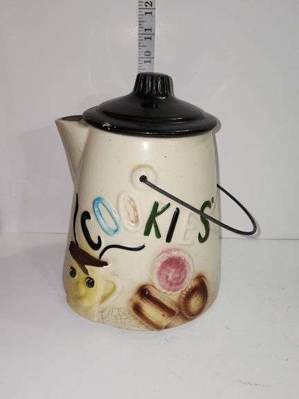 Vintage American Bisque Coffee Pot Tea Kettle Cookie Jar Wire Handle