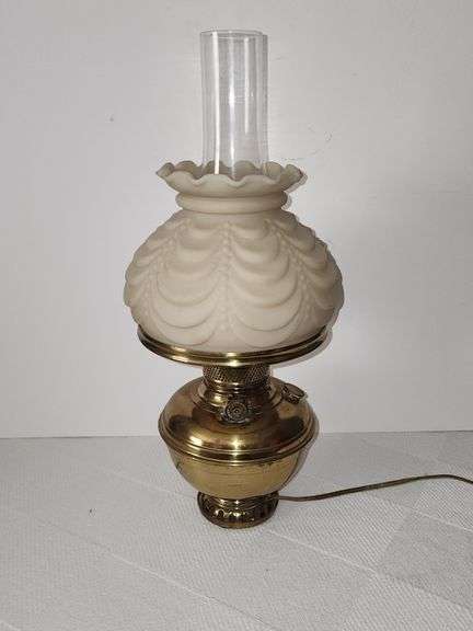Brass electric lamp with Ruffled design shade and clear glass chimney