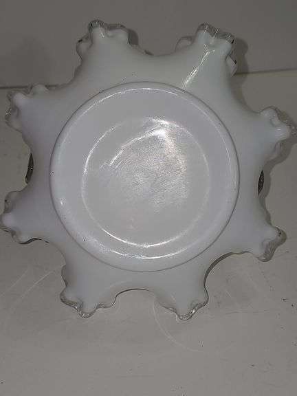 Vintage Fenton Silver Crest ruffled milk glass basket with a clear handle