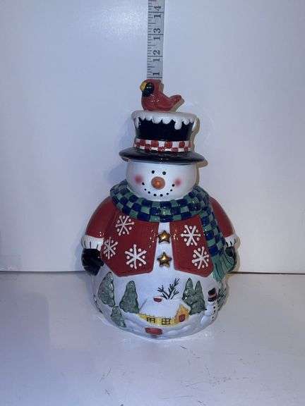 Vinrage 2003 Home Interiors Snowman Cookie Jar Cannister Cardinal Bird on Tophat
