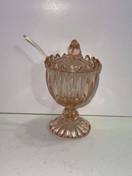 Vintage pink sugar dish with plastic spoon & pink glass lid