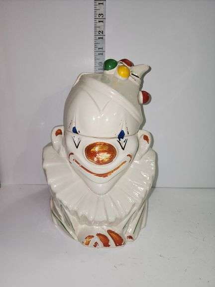 Vintage McCoy 1940s White Painted Clown Ceramic Cookie Jar