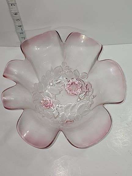 Vintage Mikasa Rosella frosted pink glass hostess bowl.