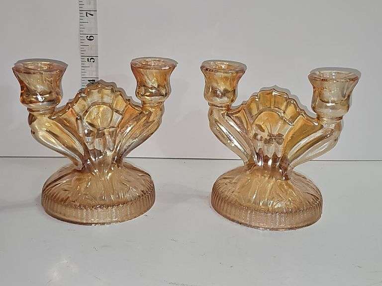 Jeanette Carnival Glass ~Iris~Orange Luster~Two Double Candle Holders