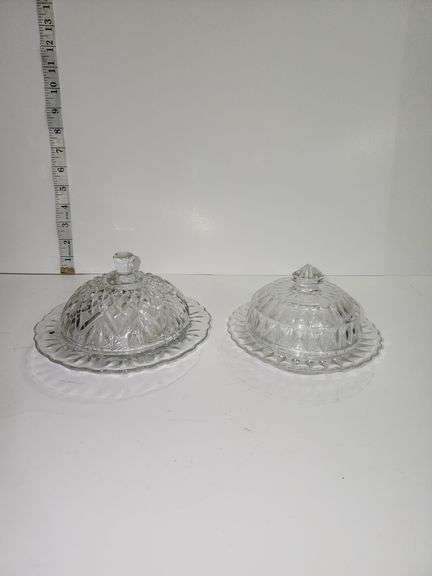Round Clear Cut Glass Covered Butter Dish