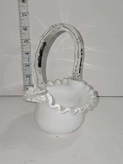 White Fenton Silver Crest Basket with Clear Ruffled Edge