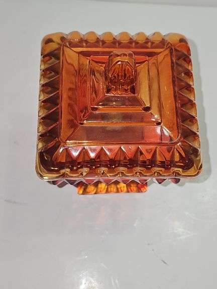 Vintage Jeannette Glass "Wedding Box" or covered candy dish - appears to be orange